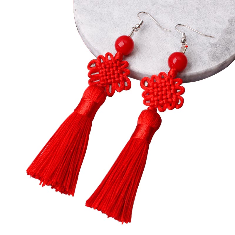 Y2K Ethnic Fashion - Pendientes de Borla con Nudo Chino